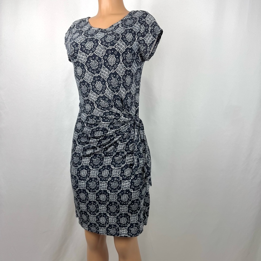 Loft Short Sleeve Side Tie Dress Women's XS Lined Stretch Navy Geometric Print - Picture 2 of 12